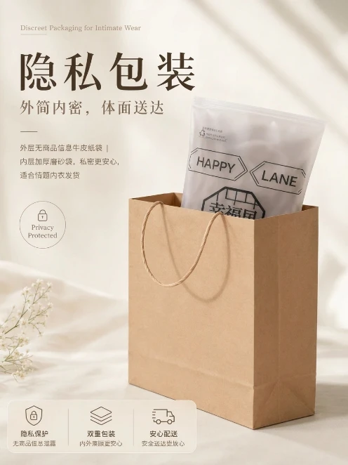 幸福里 隐私包装海报 —— 外层无商品信息牛皮纸袋，内层加厚磨砂袋，双重包装、隐私发货、安心配送