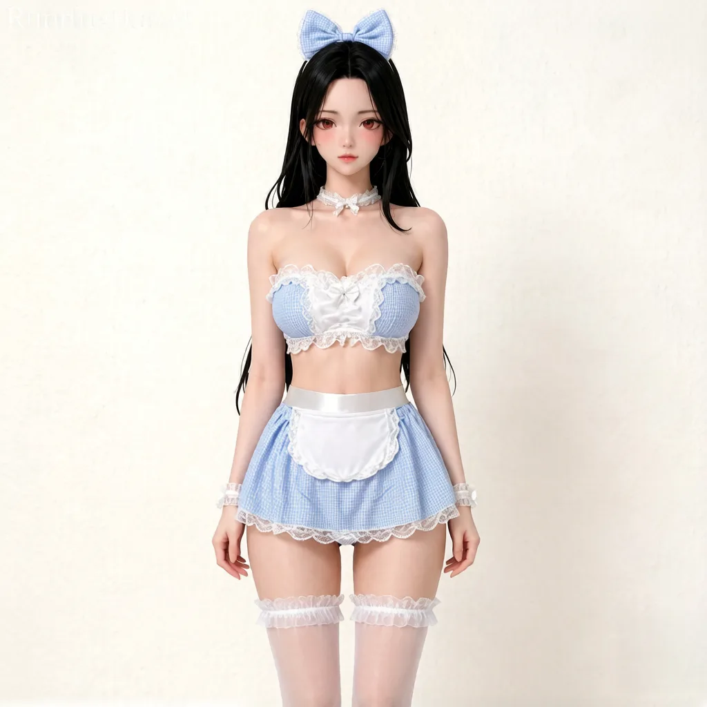 情趣服饰 蓝格纹蕾丝女仆